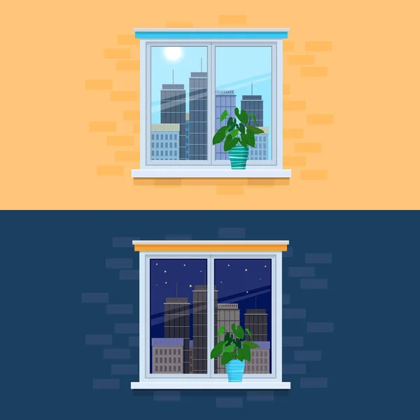 Illustration geschlossener Fenster mit Blick auf die Stadt Tag und Nacht — Stockvektor