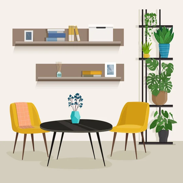 家具や植物と居心地の良いリビングルームのインテリア ベクターイラスト — ストックベクタ