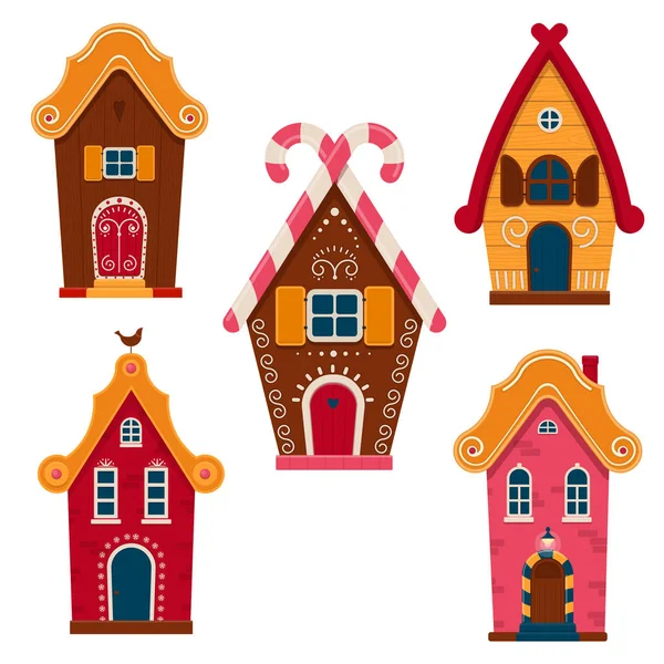 Set Cute Colorful Fairy Tale Homes Cartoon Houses Cottages Decorated — Stock Vector