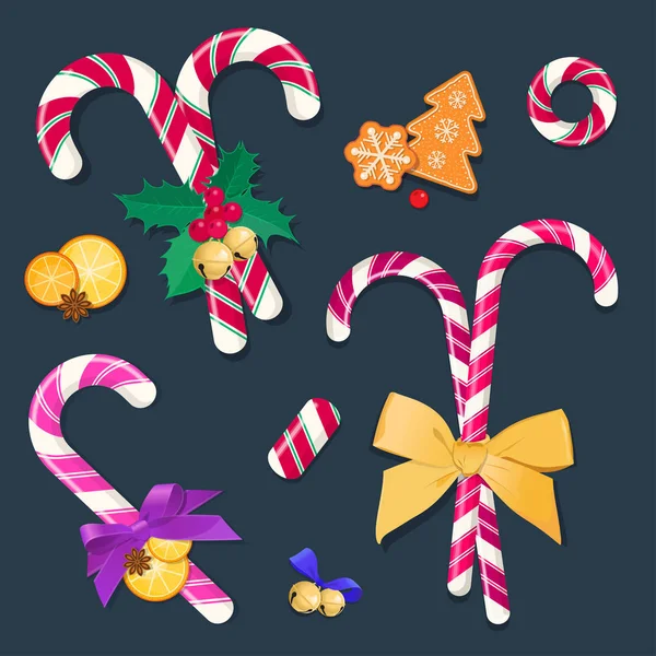 Bonbons de Noël cannes avec des arcs et des décorations — Image vectorielle