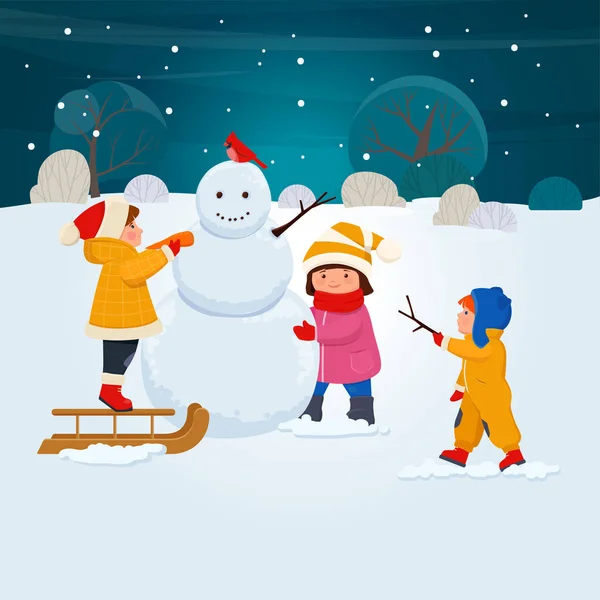 孩子们在一起堆雪人 — 图库矢量图片