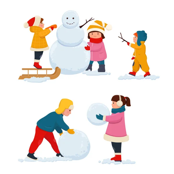 孩子们堆雪人 — 图库矢量图片