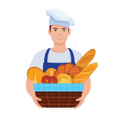 Baker taze ekmek dolu bir sepet tutuyor.