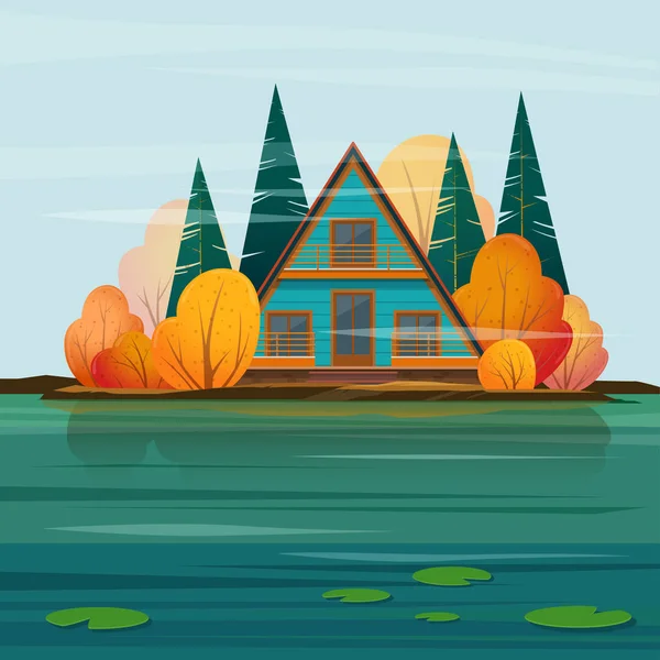 Autumn Landscape Frame House Cabin Lake Vector Illustration — Stock vektor