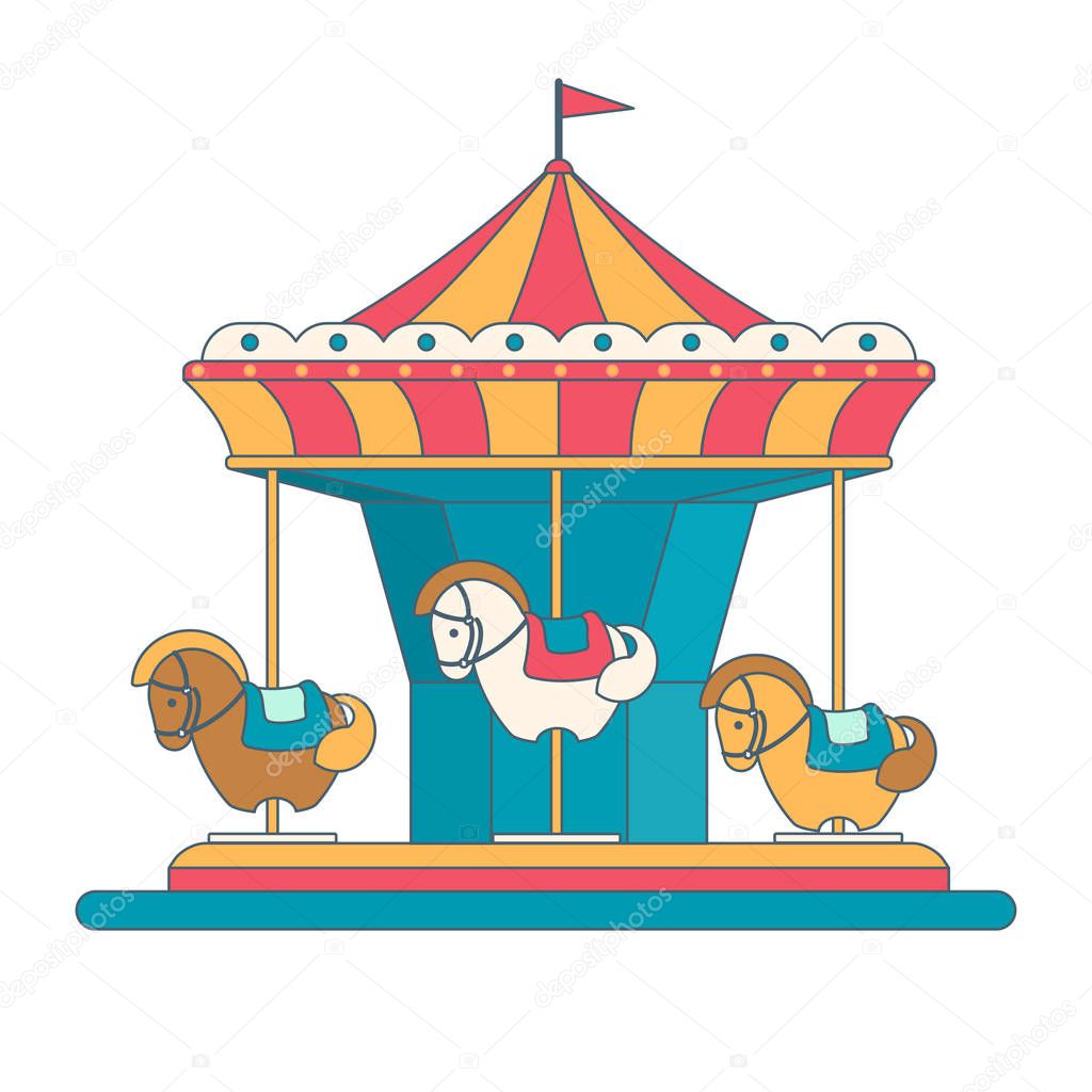 Merry-go-round. Carousel with horses. Amusement park design element. Flat vector illustration
