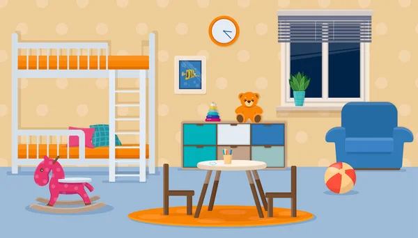 Παιδικό Υπνοδωμάτιο Εσωτερικό Έπιπλα Και Παιχνίδια — Διανυσματικό Αρχείο