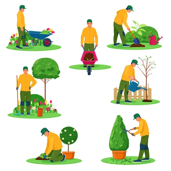 庭師の文字のセット 異なるツールを使って庭で働くプロの庭師 白地のベクトルイラスト — ストックベクタ