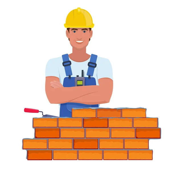 Bricklayer Yellow Helmet Building Brick Wall Vector Illustration Cartoon Style — Stock Vector