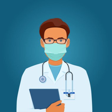 Tıbbi maskeli erkek doktorun portresi.