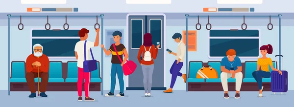 公共交通乘客 男男女女坐在一辆现代化的地铁车厢里站着 平面矢量图解 — 图库矢量图片
