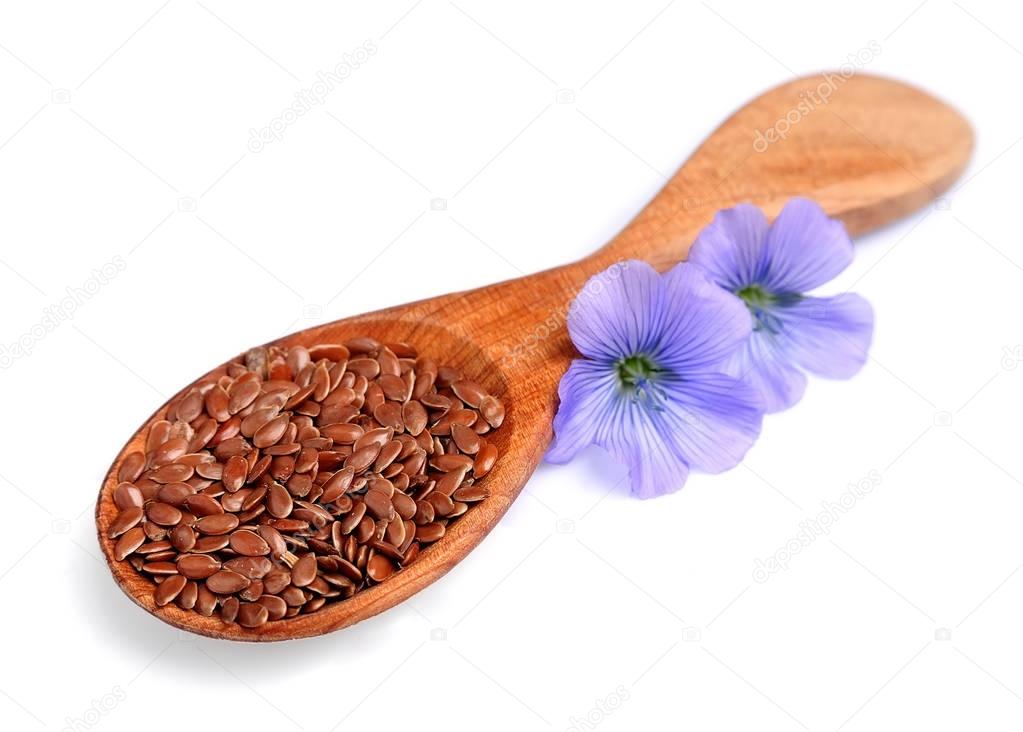 Flax seeds with flowers close up .