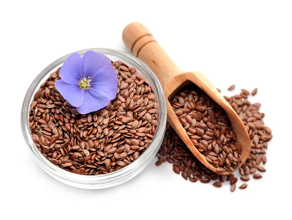 Flax seed and flax flowers closeup. — Stock Photo, Image