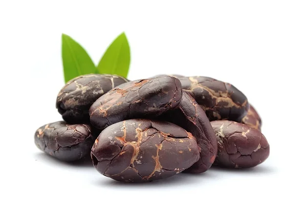 Fagioli di cacao con foglie . — Foto Stock