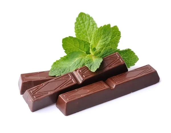 Bastoncino Cioccolato Con Foglie Menta Vicino Sfondo Bianco — Foto Stock