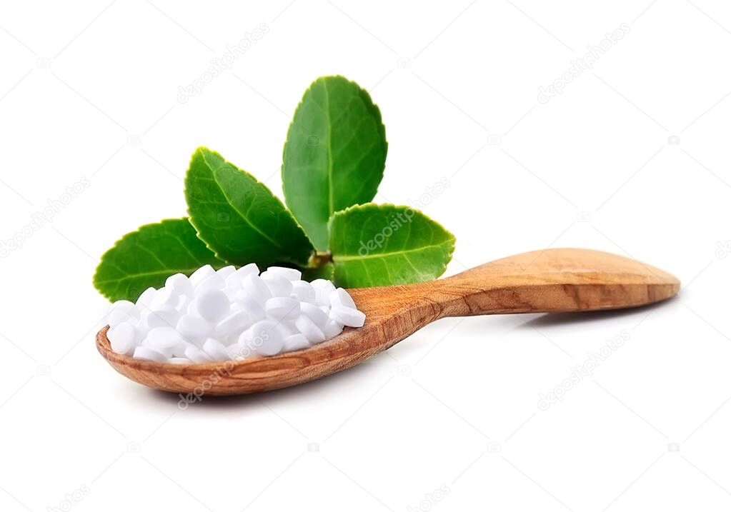 Stevia plant. Sweet leaf sugar substitute isolated on white backgrounds.