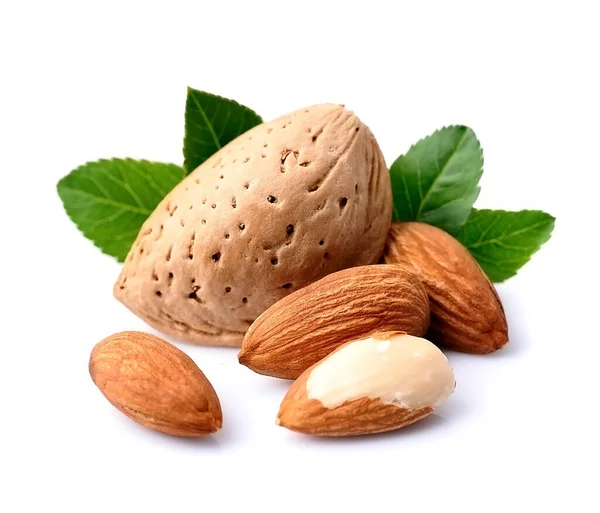 Almonds Nuts Leaves Isolated White Backgeounds — Stock Photo, Image