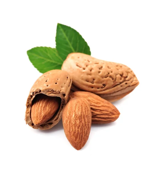Almonds Nuts Leaves Isolated White Backgrounds — Stock Photo, Image
