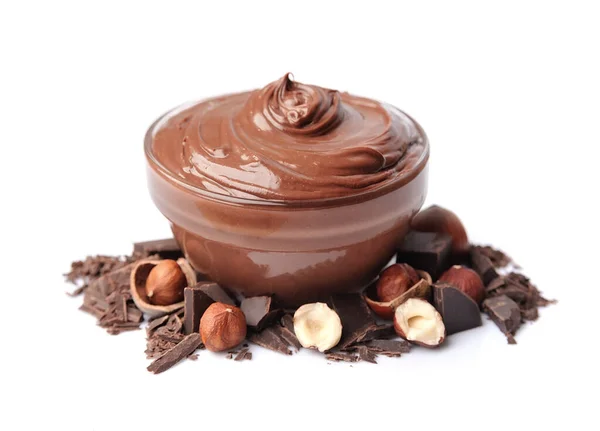 Schokolade Cremig Mit Schokolade Und Nüssen Auf Weißem Hintergrund — Stockfoto