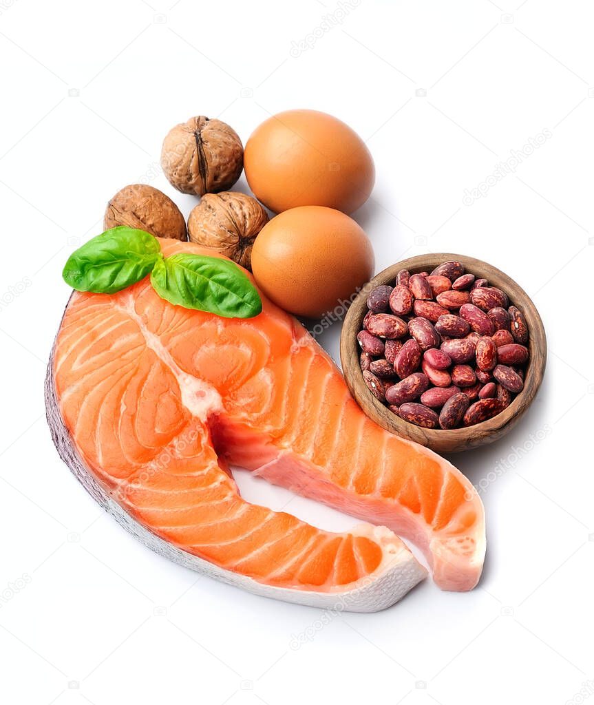 Healthy food. Salmon fish and beans isolated on white backgrounds.