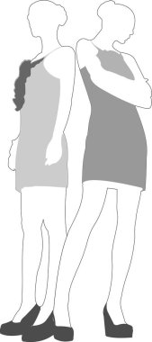 İki kız silueti. Siyah beyaz bir çizim 