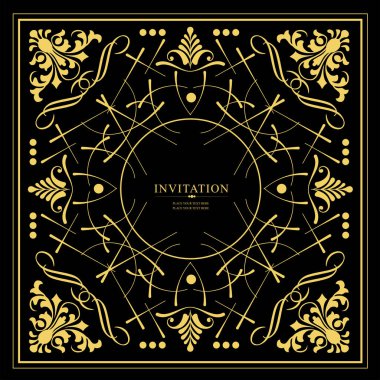 Koyu arkaplanda altın bir süs. Davetiye olarak kullanılabilir. Vektör illüstrasyonu