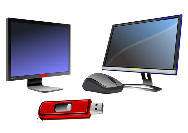 Platte Computer Monitor Laat Zien Muis Schijf Sleutel Vector Illustratie — Stockvector