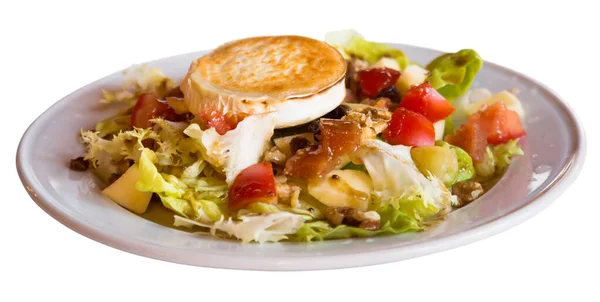 Tasty Vegetable Salad Roasted Cheese White Plate Isolated White — Stock Photo, Image