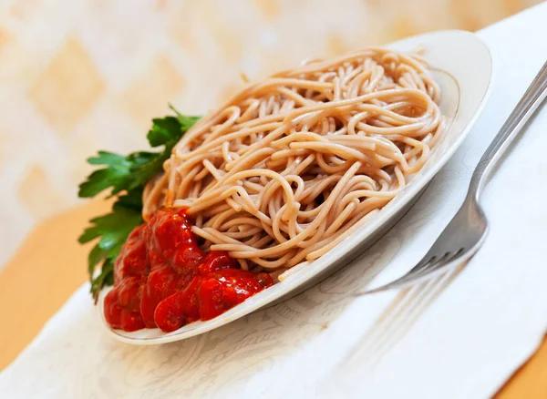 Pasta Spaghetti Bolliti Con Recupero Piatto Tavola — Foto Stock