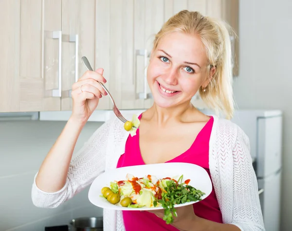 Closeup Portrait Happy Blond Girl Eating Salad Indoors — Stock Photo, Image