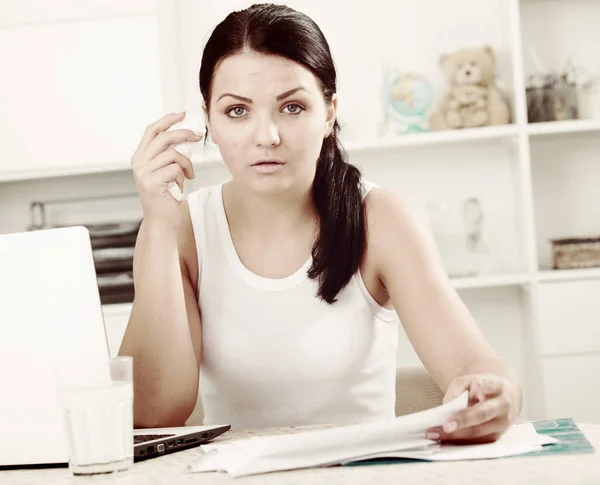 Long Haired Sad Brunette Working Documents — Stock Photo, Image