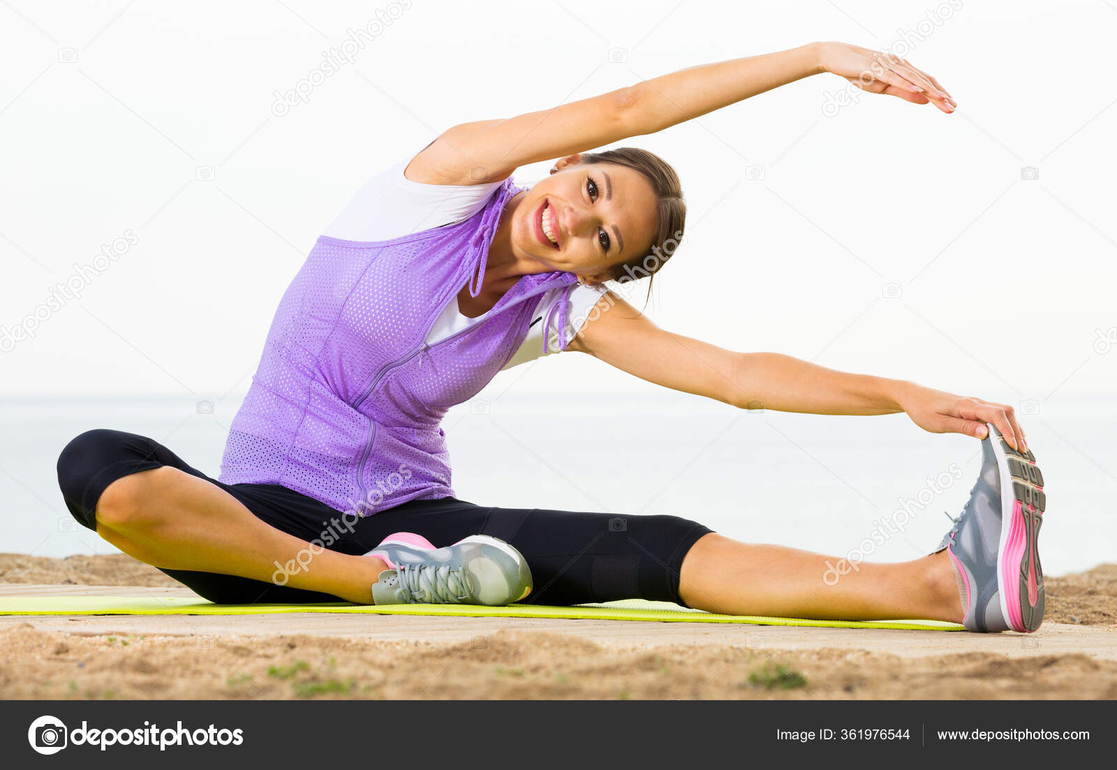Pretty Young Woman Training Yoga Poses Sitting Beach Sunny Morning