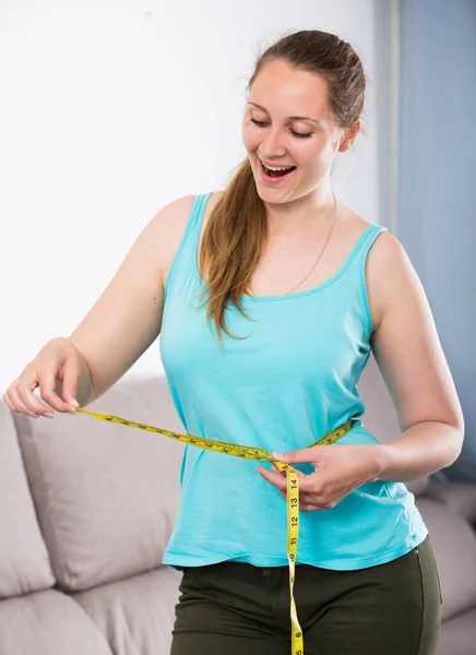 Young Woman Achieving Success Weight Loss Home — Stock Photo, Image