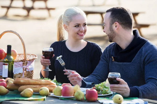 Jonge Familie Paar Picknick Zonnige Lentedag Het Platteland Glimlachen — Stockfoto