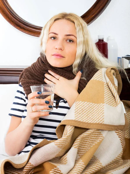 Unhappy Girl Suffering Sore Throat Fever Bedroom — Stock Photo, Image