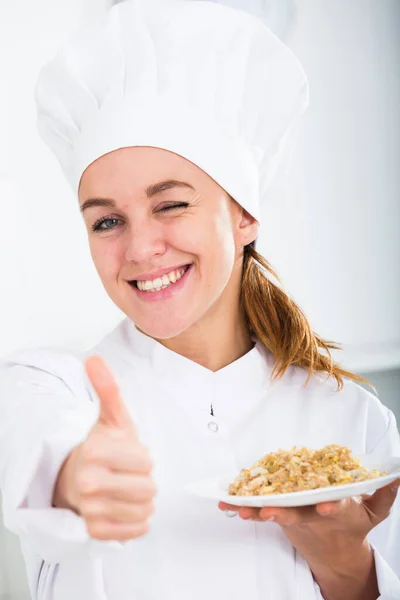 Smiling Girl Cook Chestnut Hair Shows Plate Porrige — Stock Photo, Image