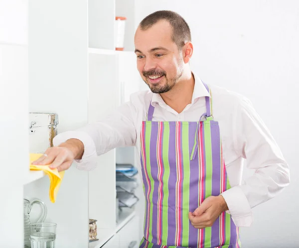 Young Happy European Businessman Office Dusting Surfaces Latex Gloves Apron — Stock Photo, Image