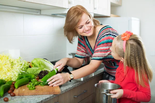 Mutlu Genç Anne Kız Salatayı Mutfakta Hazırlıyorlar — Stok fotoğraf