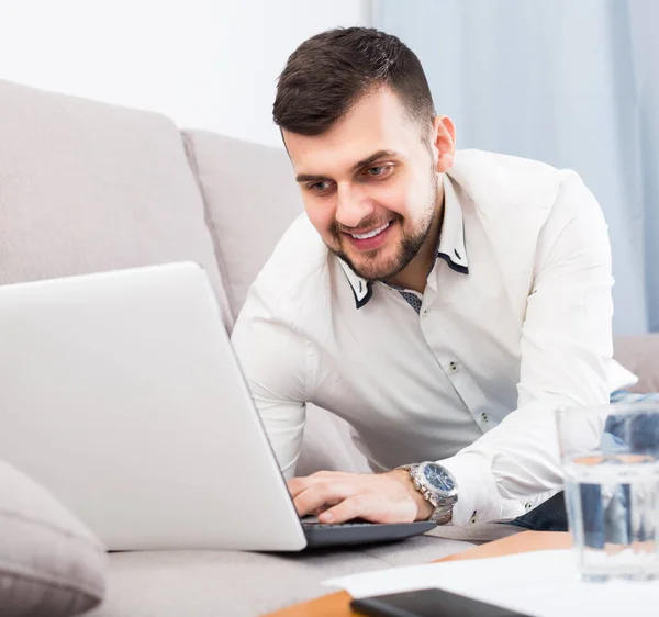 Smiling Young Man Happy Tobooking Hotel Online Home — Stock Photo, Image