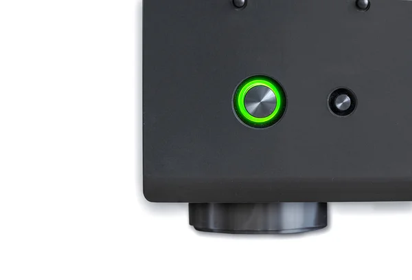 Amplituner Av z przycisku zasilania zielony kącik — Zdjęcie stockowe