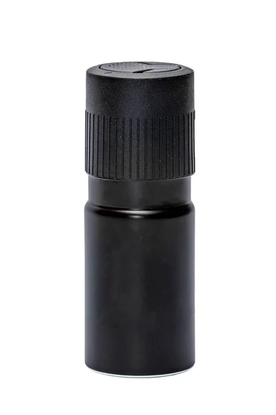 Frasco de spray de aerossol preto de desodorizante no fundo branco close-up — Fotografia de Stock