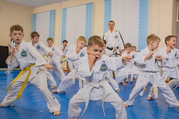 Bir Grup Çocuk Spor Taekwondo Için Sınıfta Yazı Işleri Rybinsk — Stok fotoğraf