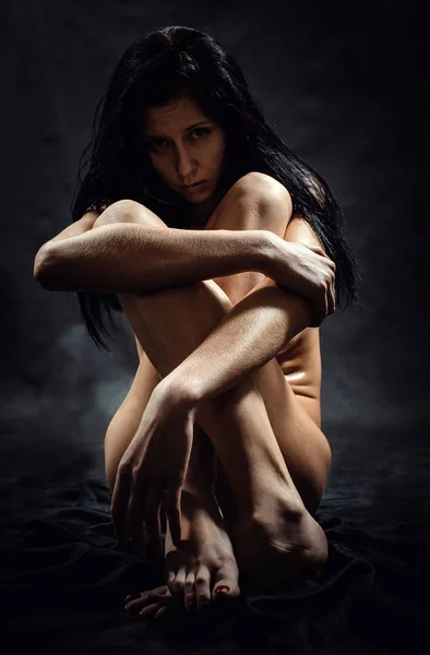 Naked Woman Black Background — 스톡 사진