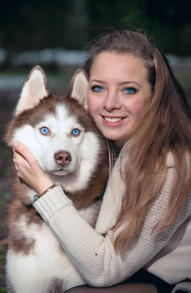 Portrét Dívky Sibiřský Husky — Stock fotografie