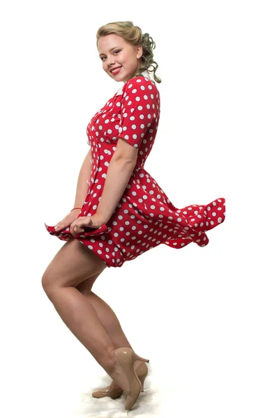 Girl Red Polka Dot Dress — 스톡 사진