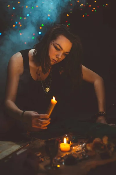 Girl Casts Spell Candle — Stock Photo, Image