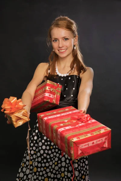 Beautiful Girl Holds Gift Boxes Hands — 스톡 사진