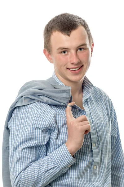 Der Junge Mann Mit Krawatte Kostet Auf Weißem Hintergrund — Stockfoto