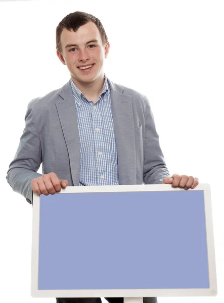 Jong Komt Man Voor Monitor Glimlacht — Stockfoto