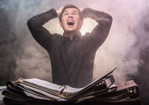 Young Man Emotionally Sitting Front Documents Smoke — Stock Photo, Image