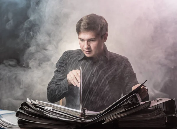 Young Man Emotionally Sitting Front Documents Smoke — Stock Photo, Image